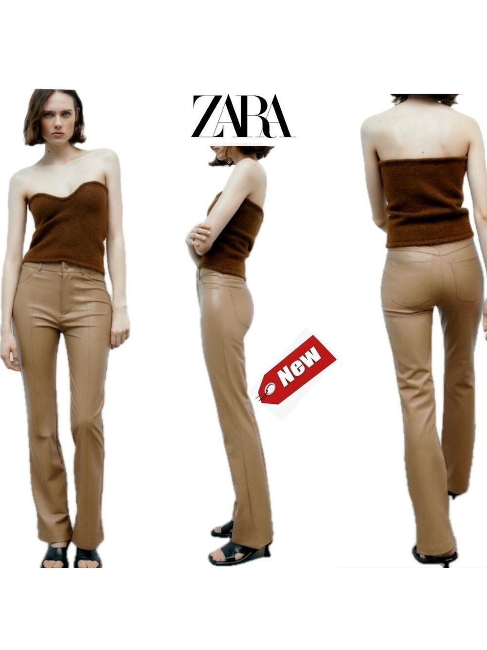 Zara camel brown faux leather straight leg trouser pants Sz S NWT
